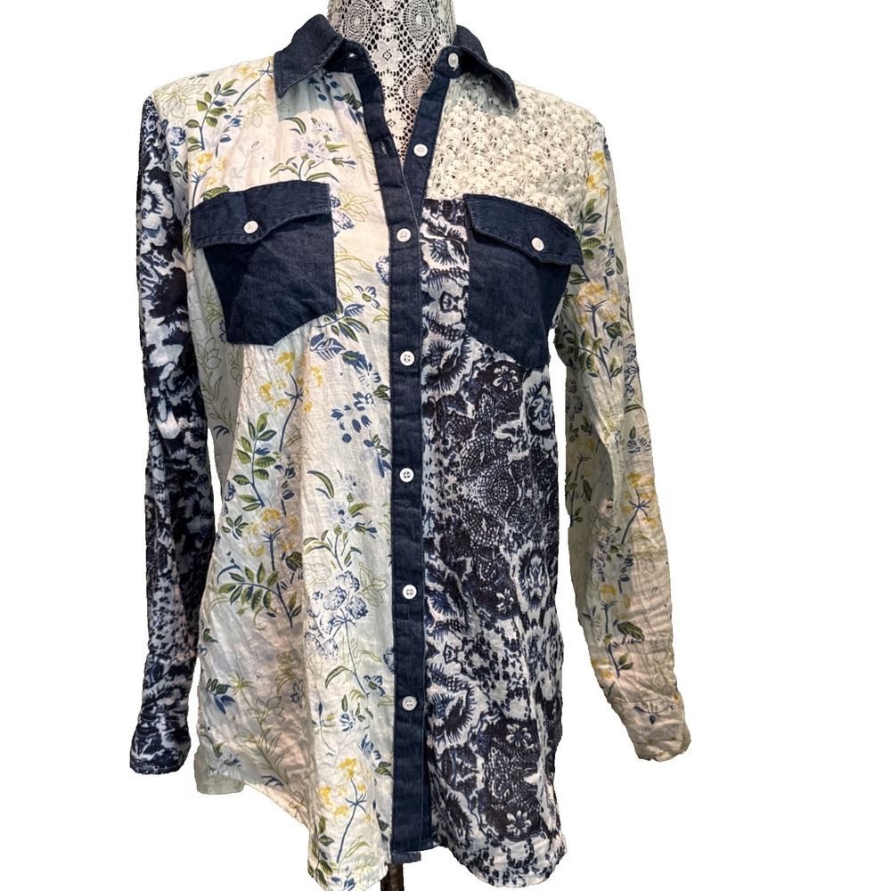 Vintage Gora‎ Button Up Blue Floral Peasant Top Lightweight Coastal Beach S - Picture 7 of 16